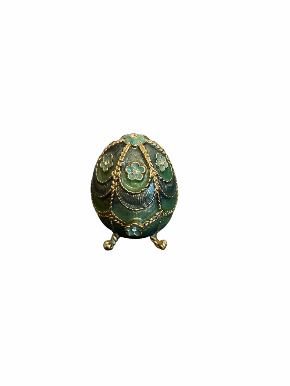 Monet Enameled Egg Trinket Box Green Gold Tone Crystal Accents Collectible